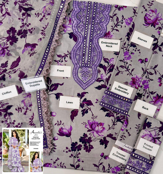 Printed Patch Emb Lawn 3 Piece Unstitched Suit MPT-2905-B- 44 - Summer Collection