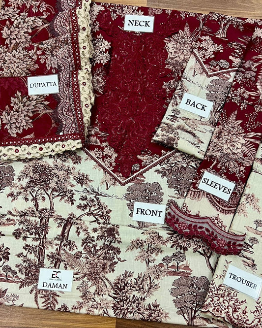 Printed Patch Emb Lawn 3 Piece Unstitched Suit MBL-MPT-2608-B-25 - Summer Collection