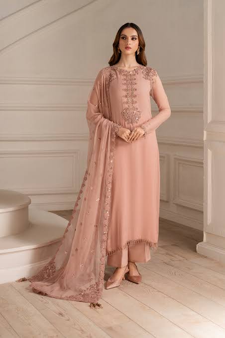 Iznik Shiffon Embroidered 3PC Unstitched Suit Pink - IZ01