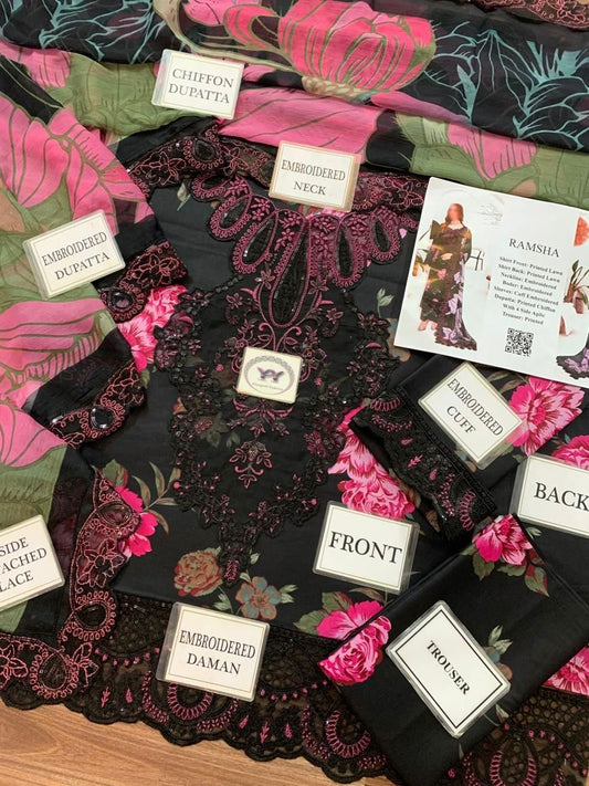 Ramsha Printed Patch Emb Lawn 3 Piece Unstitched Suit MBL-MPT-2749- Summer Collection