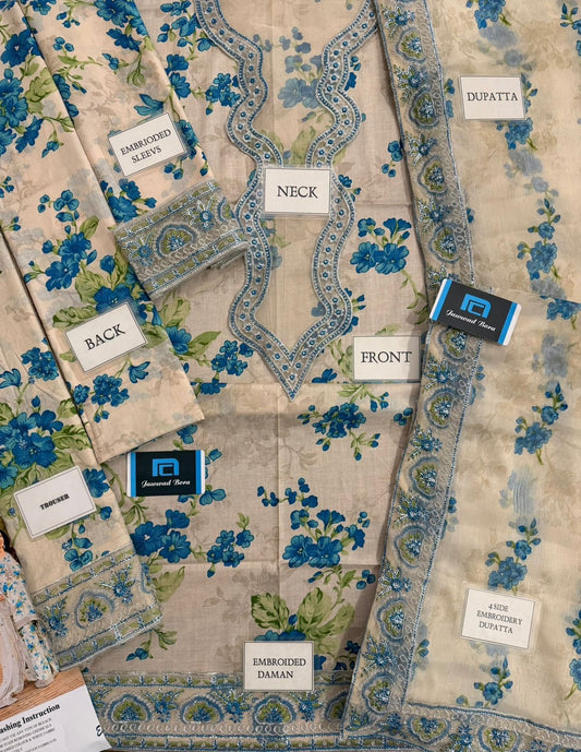 Printed Patch Emb Lawn 3 Piece Unstitched Suit ACL-EID-01-B - Summer Collection